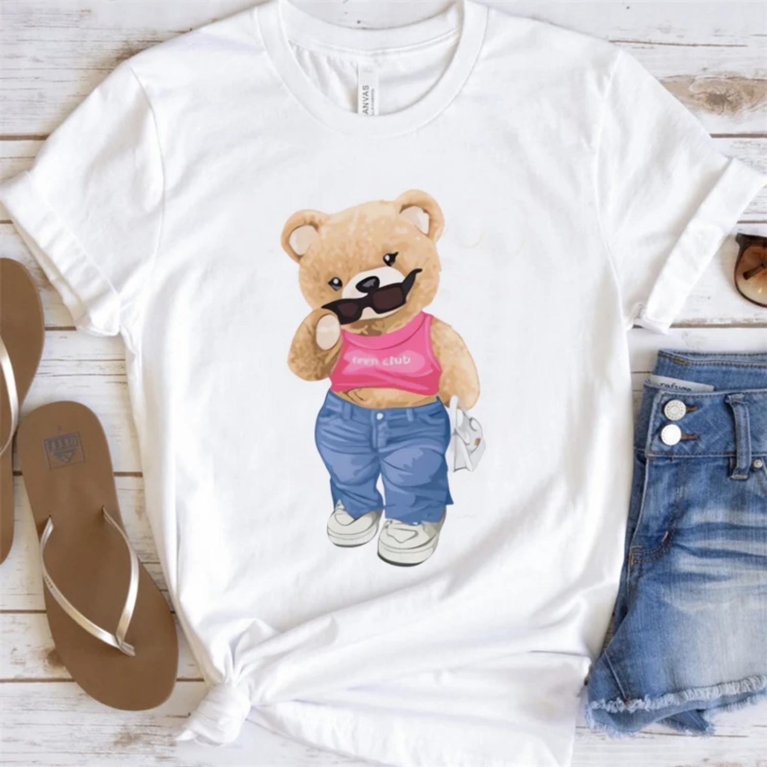 Casual Cute Bear with Pink Crop Top Women s Printed T-Shirt Short Sleeve Fashion Top Summer Women s Basic Versatile T-Shirt XXXXXL белый