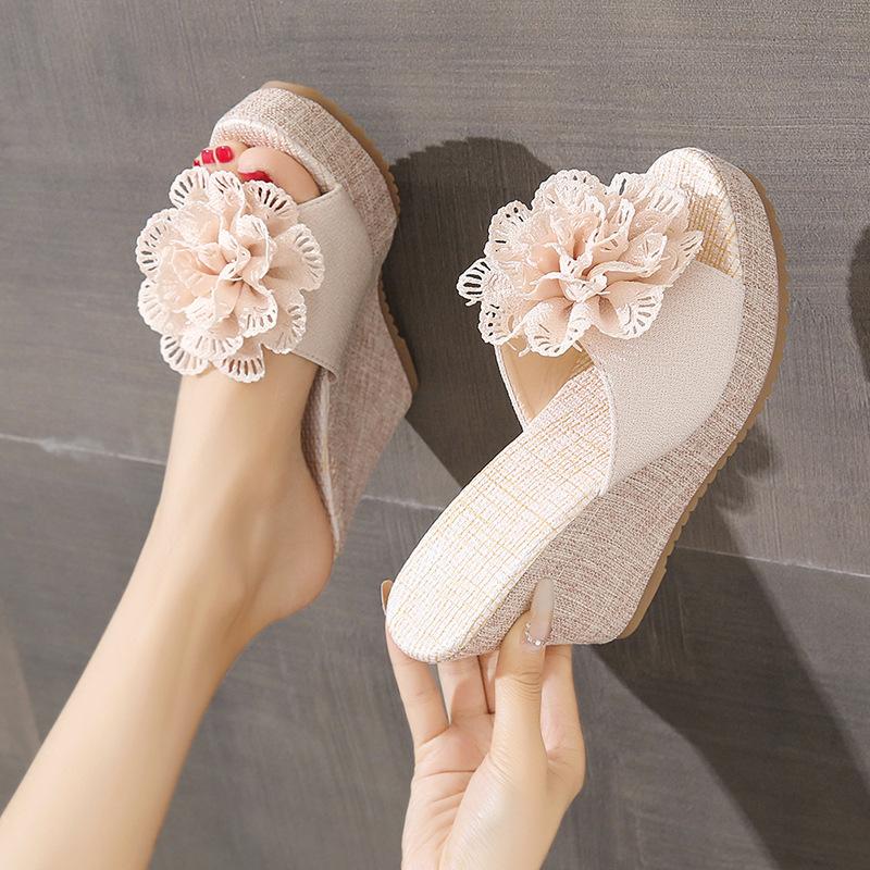 Fashion 2025 Summer Flowers Home and Outdoor Thick-soled One-Line Fish Mouth Sandals/Slippers Large Size Fashionable Wedge Women's Shoes