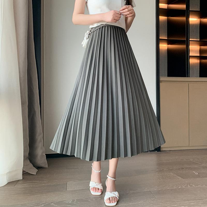 Pleated Large Swing A Word Umbrella Skirt Long Skirt Spring Summer Elastic High Waist High Temperature Pleated Retro Thin Middle Length Bustier Skirt