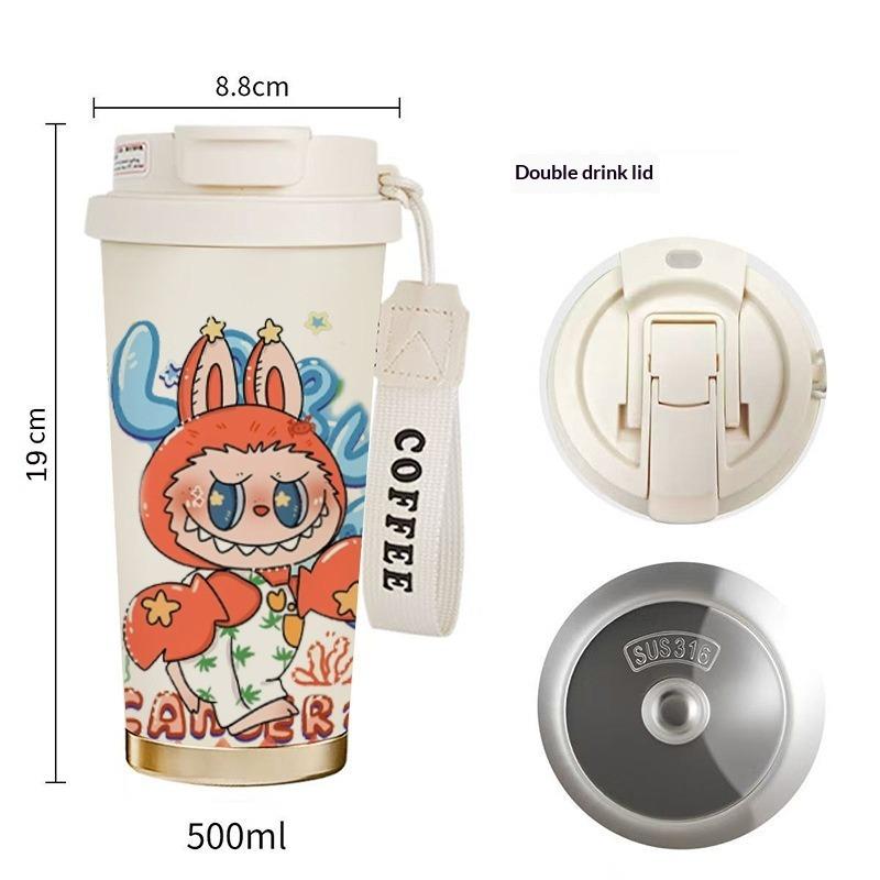 Kaffeebecher 316 Edelstahl Isolierbecher hochwertiger Herren- und Damen-Wasserbecher Cartoon Doppel-Trinkhalmbecher