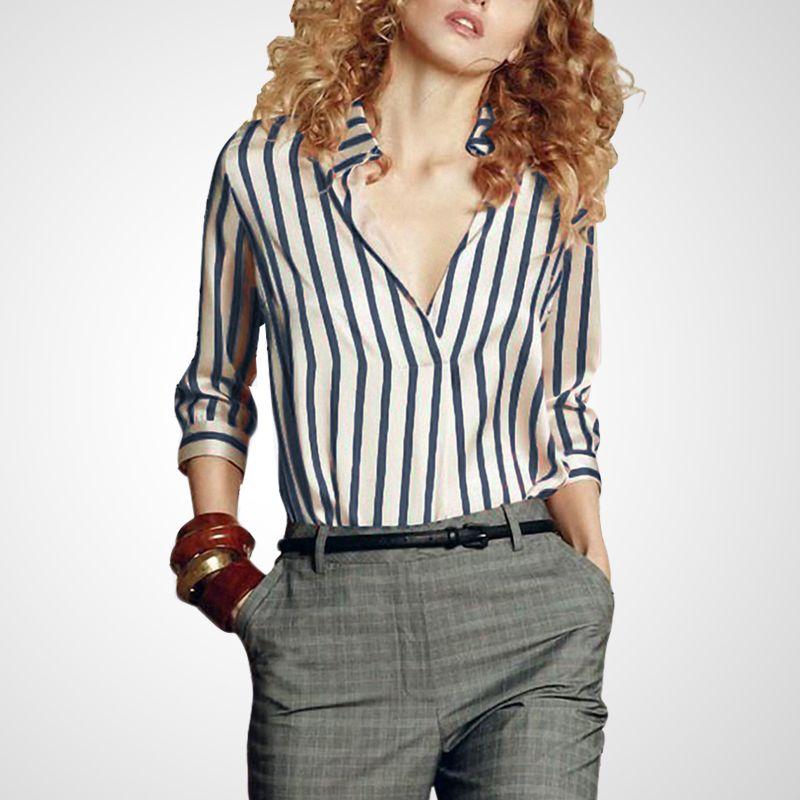 

Женская приталенная рубашка с длинным рукавом и воротником Благородная леди Blue and White Stripes (Long sleeves) S