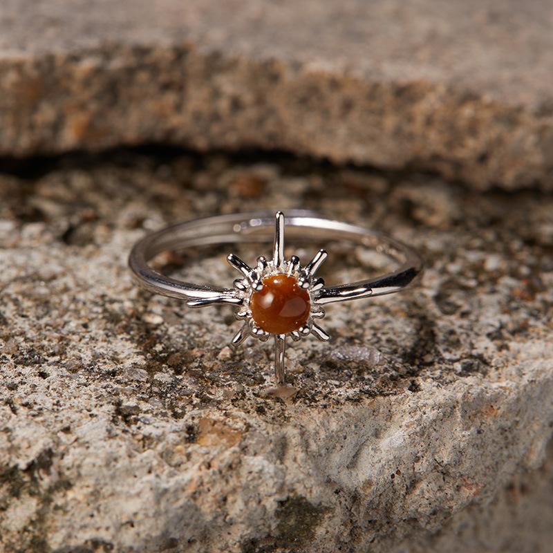 

Source S925 Sterling Silver Natural Blue Gold Tiger Eye Turquoise Garnet Color Treasure Ring Female Sun Open Ring