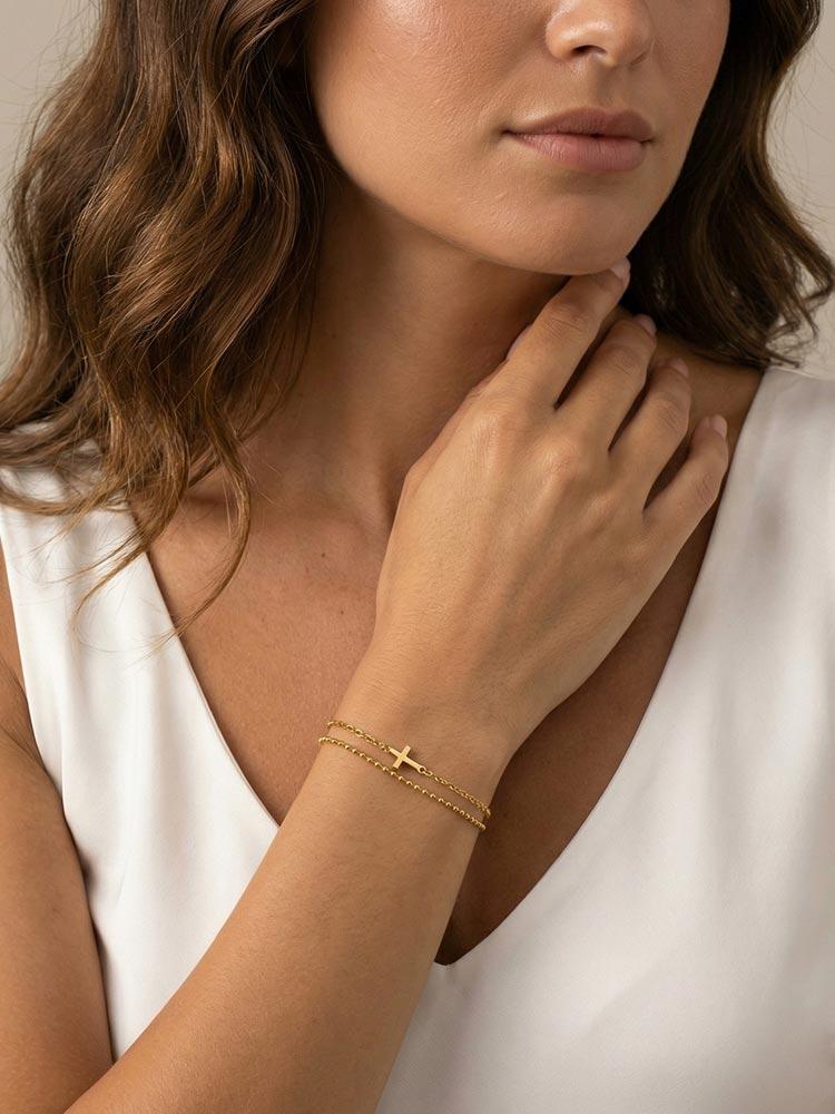 Stainless Steel Double Layer Cross Bracelet for Women Gold Plated Link Chain Bracelets Pray Jewelry Gift