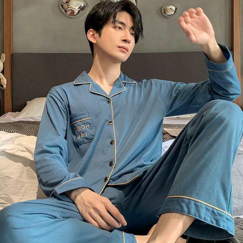 Men's Pure Cotton Long Sleeve Pajama Set - Spring/Autumn Style, Extra Large Size