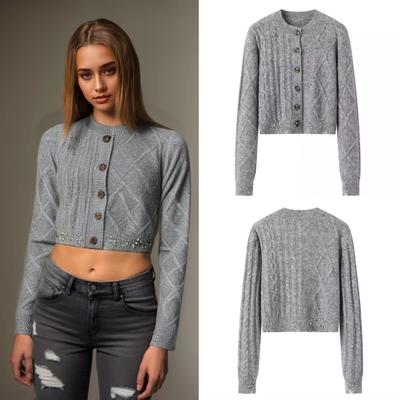 Primavera e Outono Nova Moda Feminina com Diamantes e Botão de Diamante de Água Cardigan de Malha
