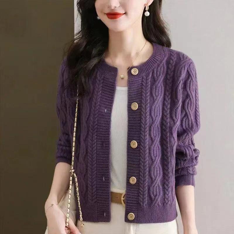 Autumn and winter fashion temperament solid color twist twisted round neck women's elegant lazy style retro knitted cardigan sweater