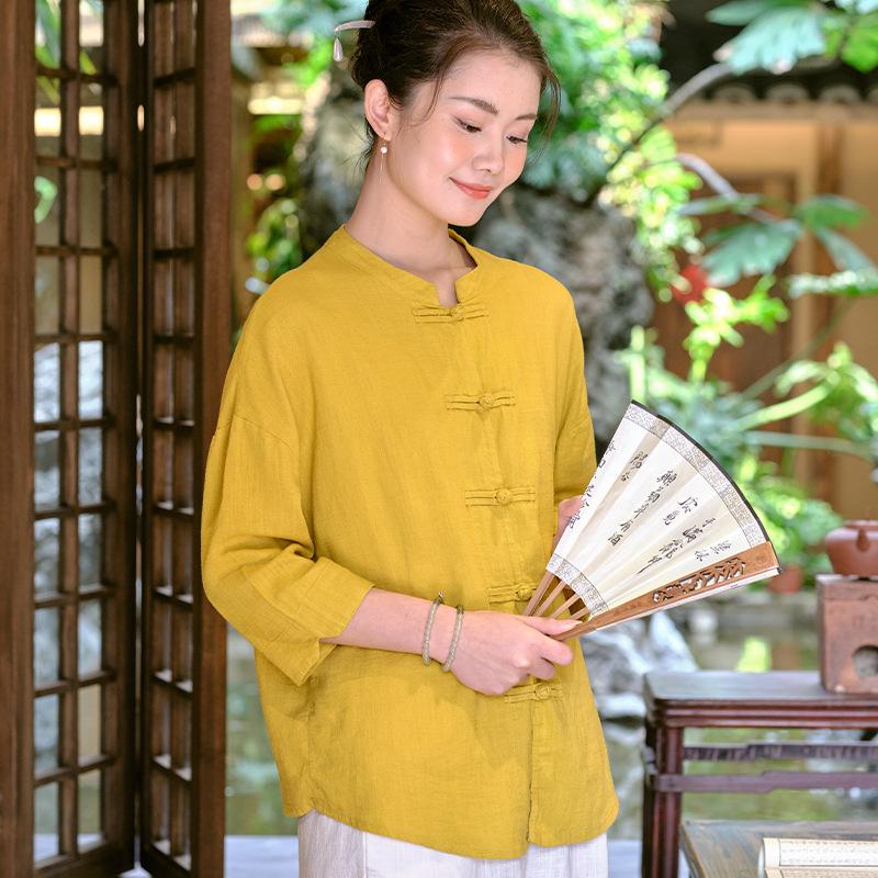 Johnature Camisas de lino vintage con botones para mujer, blusas de primavera con mangas siete y cuello alto, de color liso, estilo chino para mujer