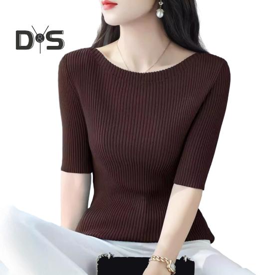 

Женские топы Slim Fit, однотонные, ребристые, с круглым вырезом и коротким рукавом, эластичные, с короткими рукавами, топы для повседневной носки кофейный
