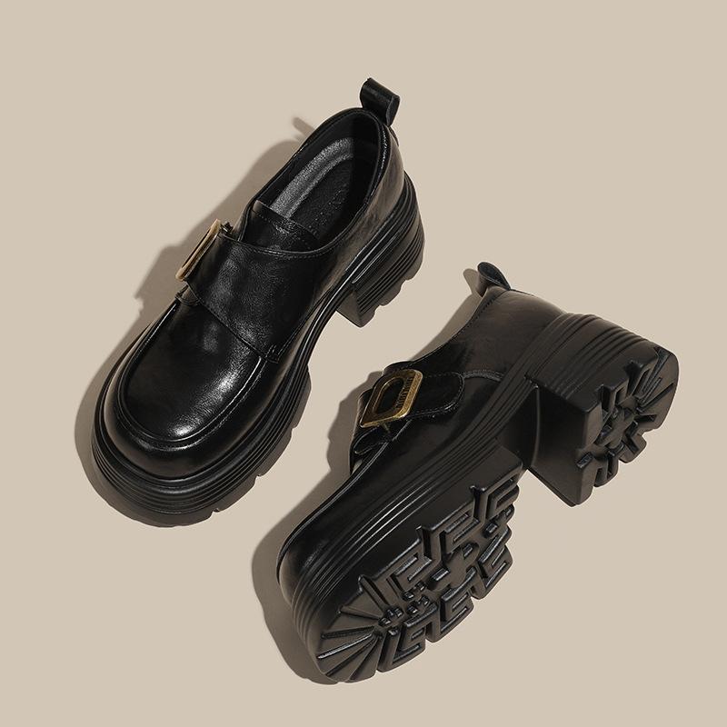 

Женские ретро туфли на толстой подошве, новинка осени, с круглым носком, толстым каблуком, из маленькой кожи, на липучке, на высоком каблуке, на платформе, одинарные туфли 34 чёрный