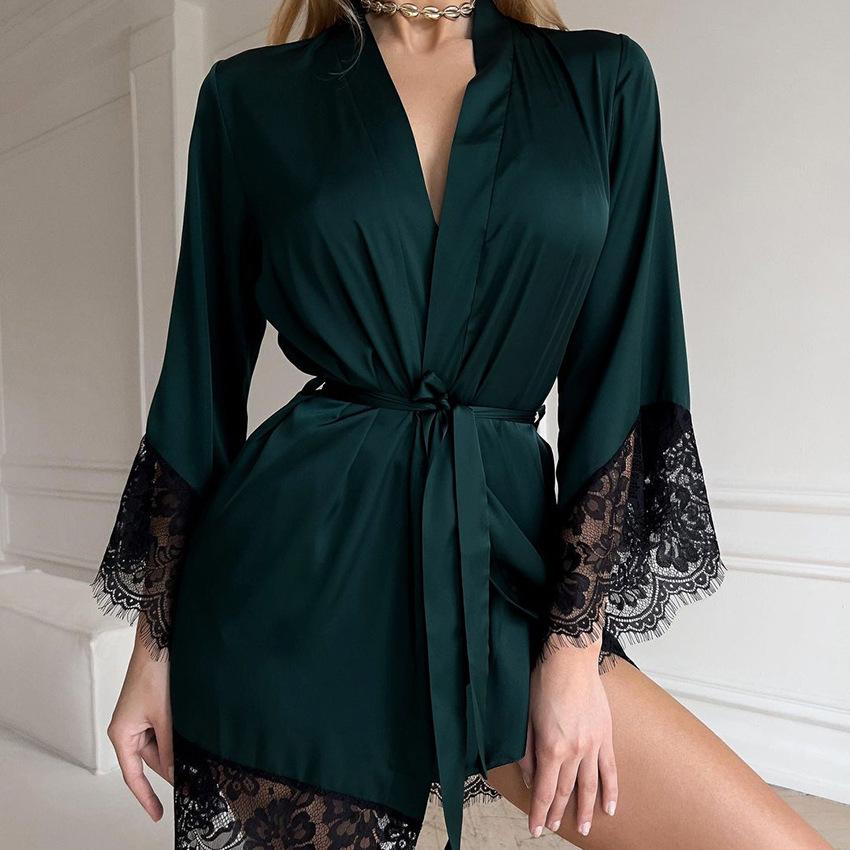 1011 spring popular satin sexy lace long-sleeved nightgown loungewear simple and comfortable casual approval