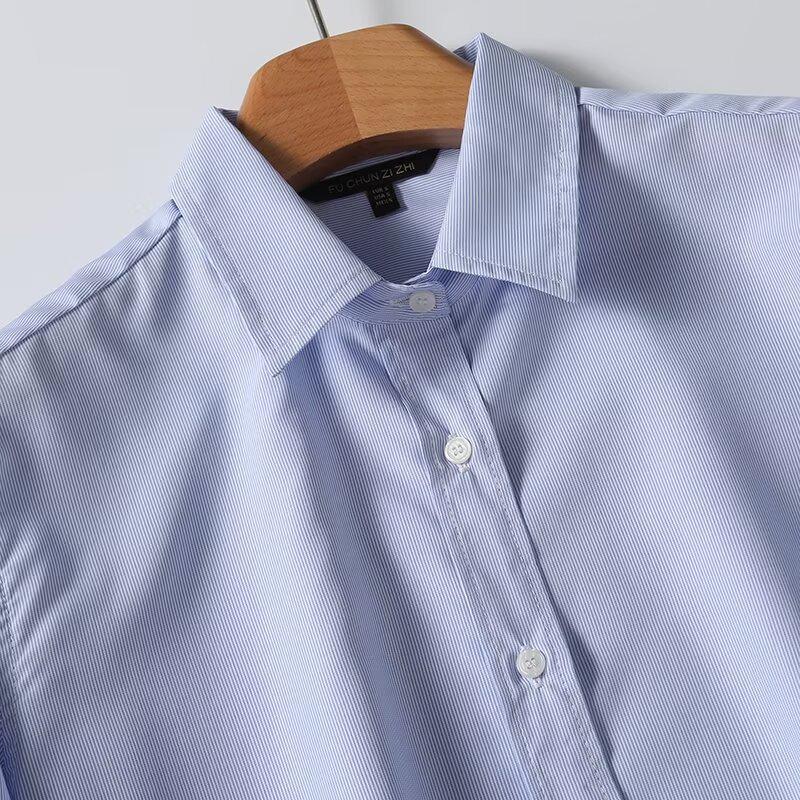 Spring 2025 Women's Versatile Pinstripe Shirt - Comfy, Loose Fit with Turn-Down Collar and Long Sleeves