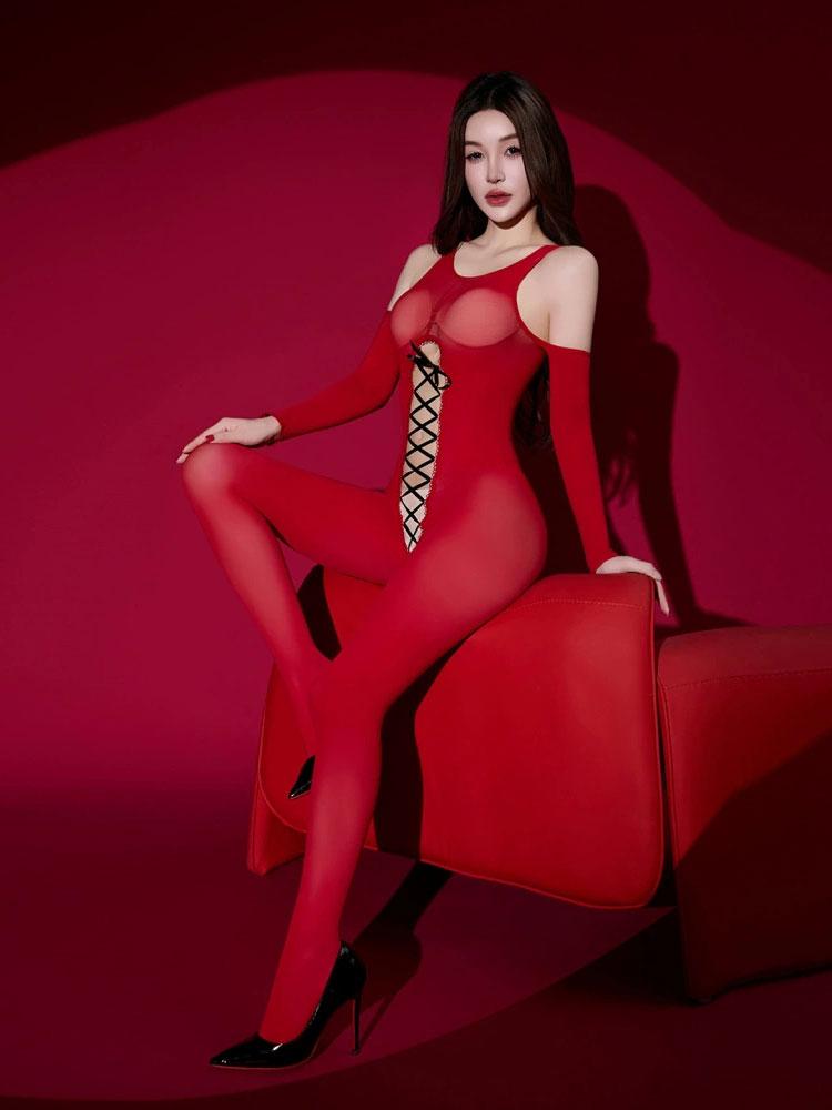 Fashion Sexy Women'S Jumpsuit Front Breast Bandage To Crotch Open Oil Shiny Smooth Tights Hollow Out Woman Shaping Leotard