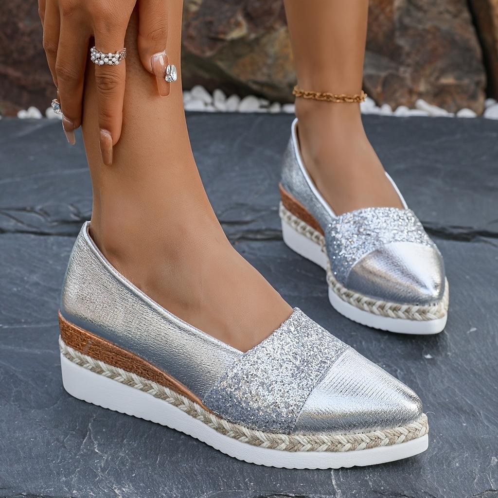 Women's Spring Pointed-Toe Sequined Wedge Slip-On Flats in Plus Size