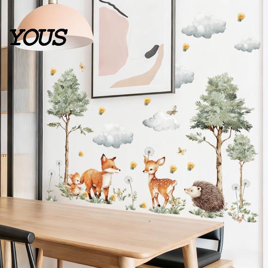 Waterproof Wall Decoration for Bathroom Glass Watercolor Forest Animals Stickers, Cute Fox Deer Hedgehog PVC Decals, Versatile Decor Party Settings