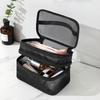 Doppellagige Kosmetiktasche Einfache Klassifizierung Große Kapazität Netz-Kosmetiktasche mit stabilem Griff für Reisen Doppellagig Schwarz