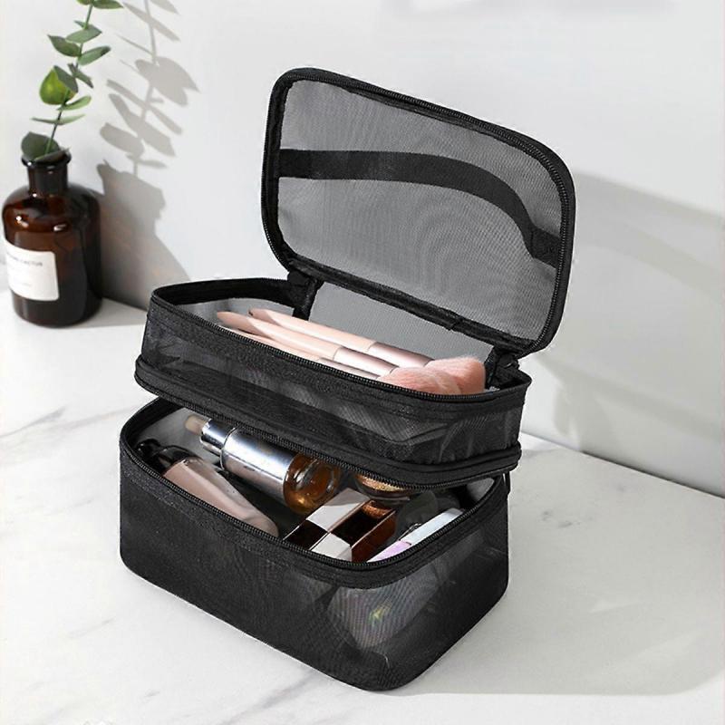 Doppellagige Kosmetiktasche Einfache Klassifizierung Große Kapazität Netz-Kosmetiktasche mit stabilem Griff für Reisen Doppellagig Schwarz