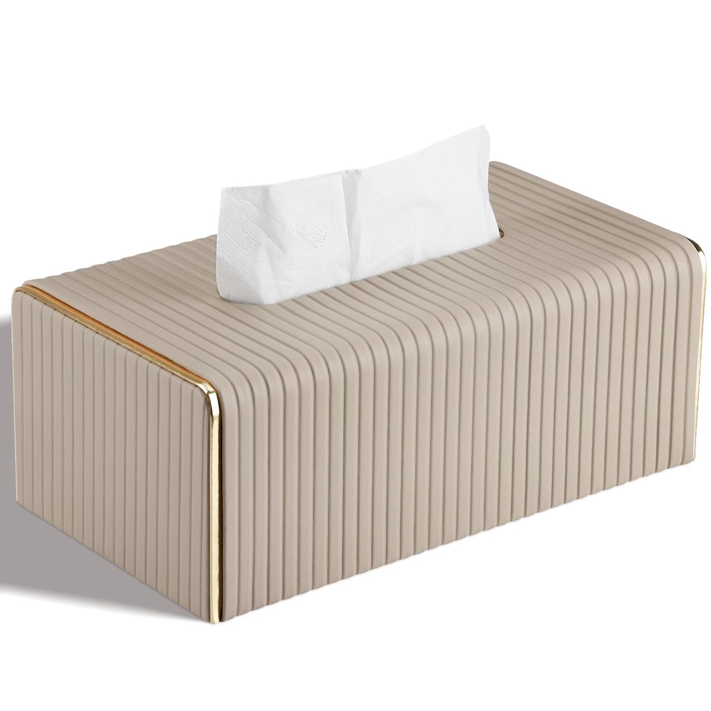 

Tissue CaseBox, Leather-Look Striped Tissue Case, Available in Black, White, Nude, and Light Gray with Gold Lines, PU Leather Tissue Box Cover (Nude)