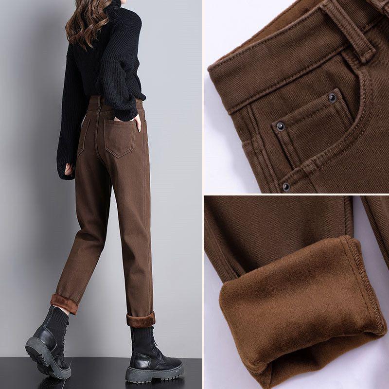 Women's Thickened Velvet Straight-Leg Jeans, Coffee Brown - Autumn/Winter 2025 Collection