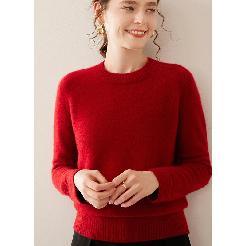 Women's Thick Cashmere Sweater - Autumn/Winter, Round Neck, Saddle Shoulder, Loose Fit, Lace Sleeve