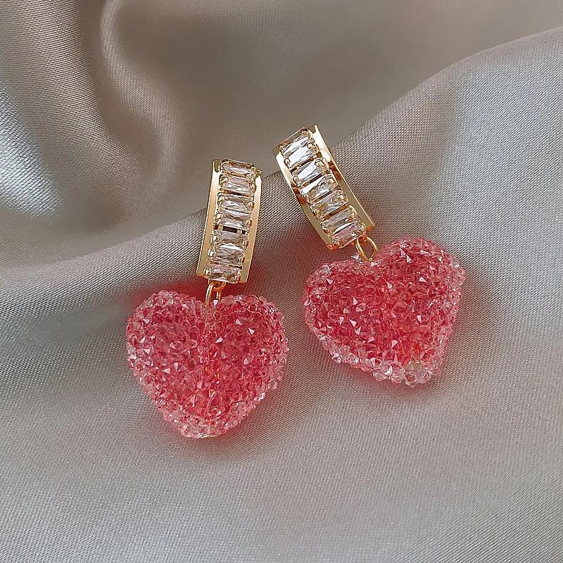 2023 New Arrival Trendy Lovely Pink Heart Dangle Earrings For Women Fashion Cute Sweet Crystal Jewelry Girl Gifts