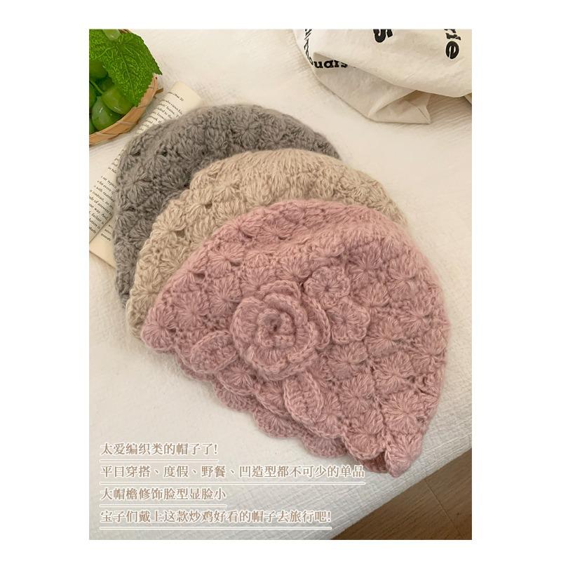 Women Japanese Style Hollow Flower Knit Beanie Autumn Winter Warm Hat