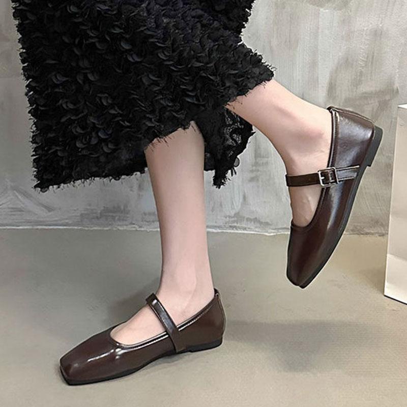 Fashion Elegant Retro Square Toe Mary Jane Flat Bottom Single Shoes Casual Soft Leather Ballet Women's Flats Comfortable Solid Mocasines