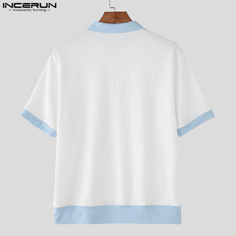 INCERUN Men Lapel Short Sleeve Stitching Casual Office T-shirts Rib Tops