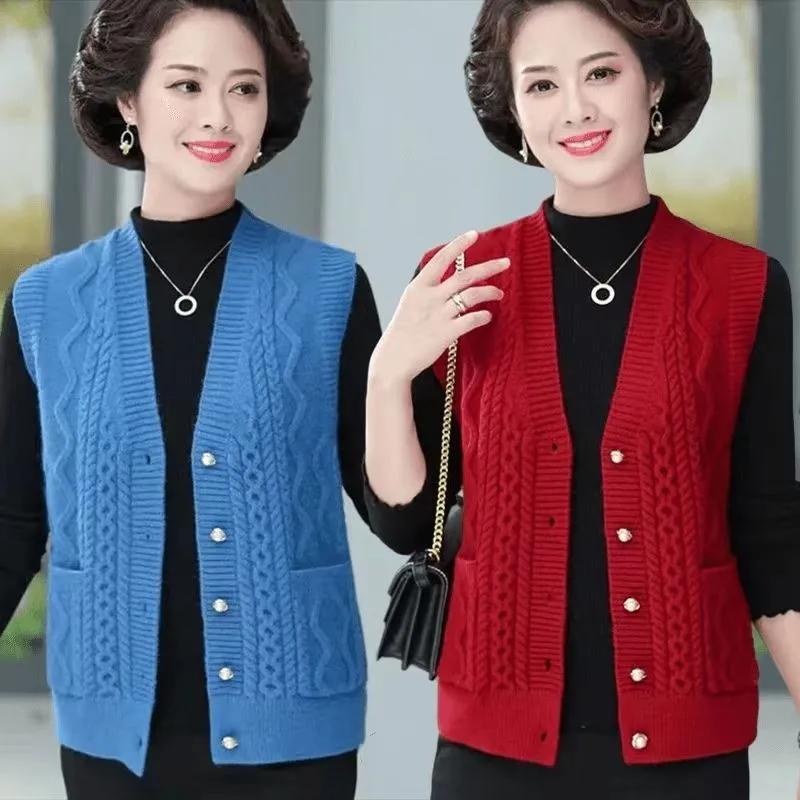 Spring and Autumn Knitted Vest for V-neck Knitted Cardigan Vest for Middle-aged and Elderly Solid Color Vest