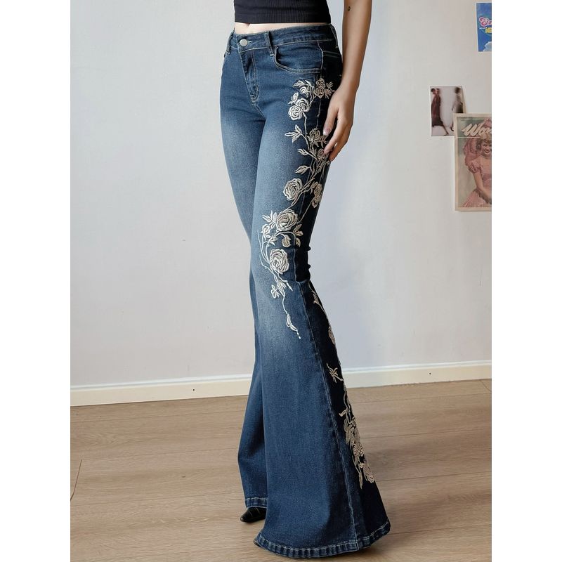 H's European and American Women's Clothing Millennium Retro Thorn Rose Embroider Washed Denim Women's Tight Blue Bell-Bottom Pants Tide