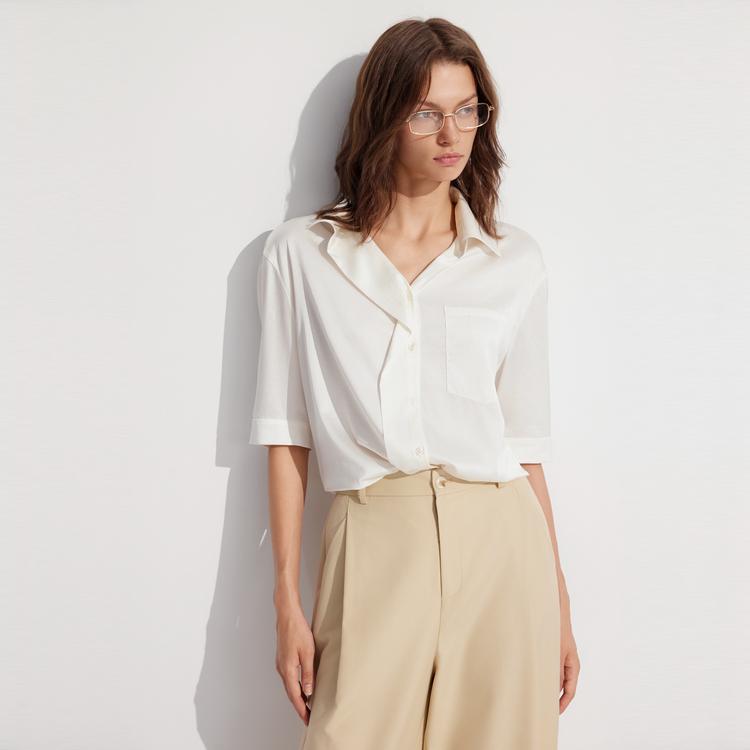 ELLE Solid Color Polo Collar Short Sleeve Shirt Women tops Off-White EC48067