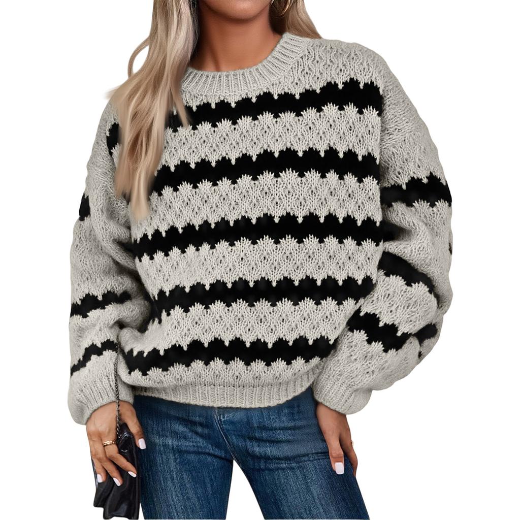 Women's Fashionable Loose Knit Pullover Striped Sweater