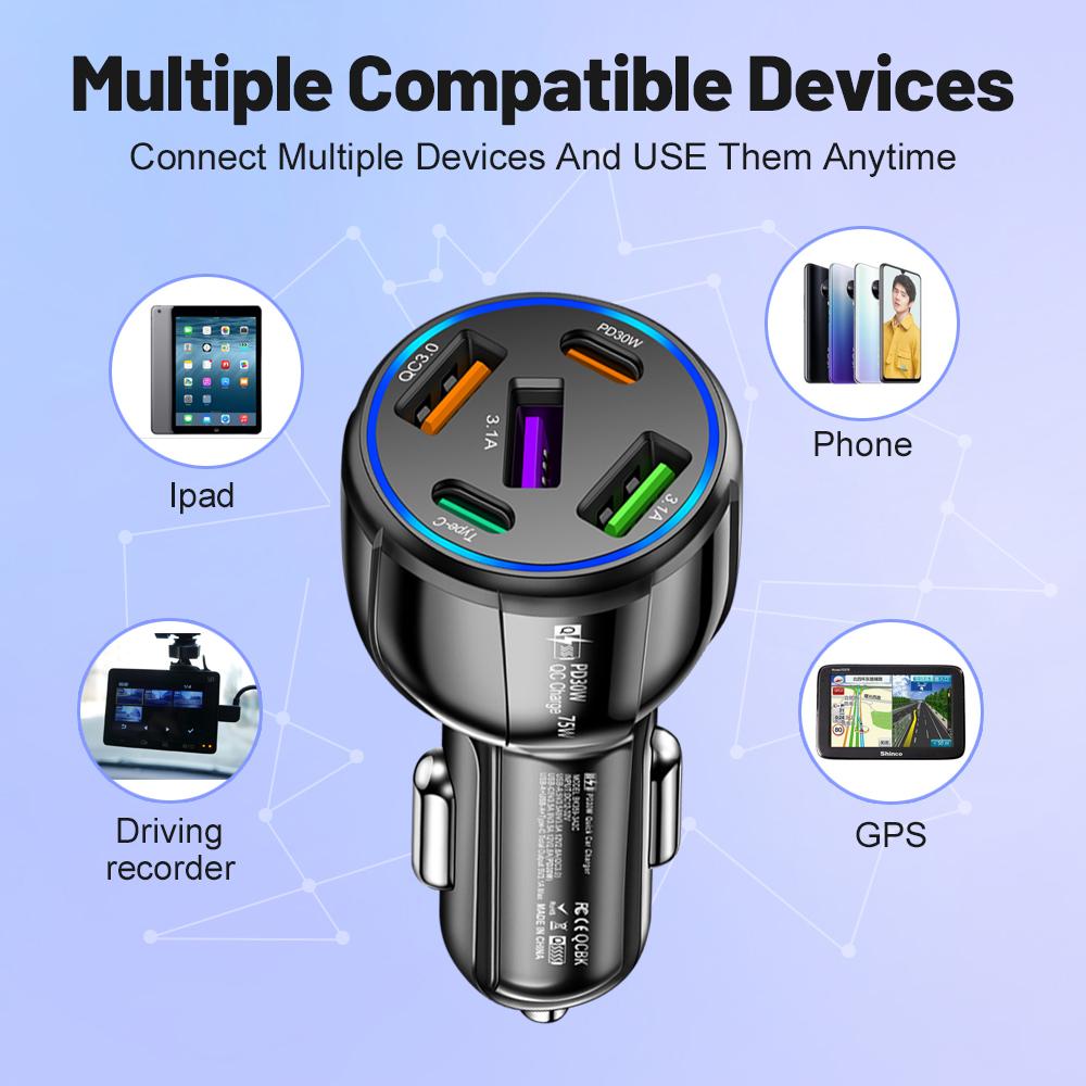 Olaf 5 Ports 75w Car Charger Fast Charging 3.0 Car Usb Charger Type C Charging Adapter For Iphone 14 13 12 Xiaomi Huawei Samsung