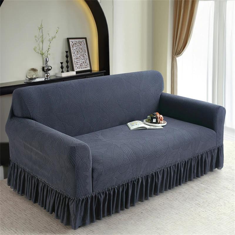 Jacquard Uni-Farben Sofabezug mit Volant Rutschfest Stretch Couchbezug für Schlafzimmer Büro Wohnzimmer Heimdeko