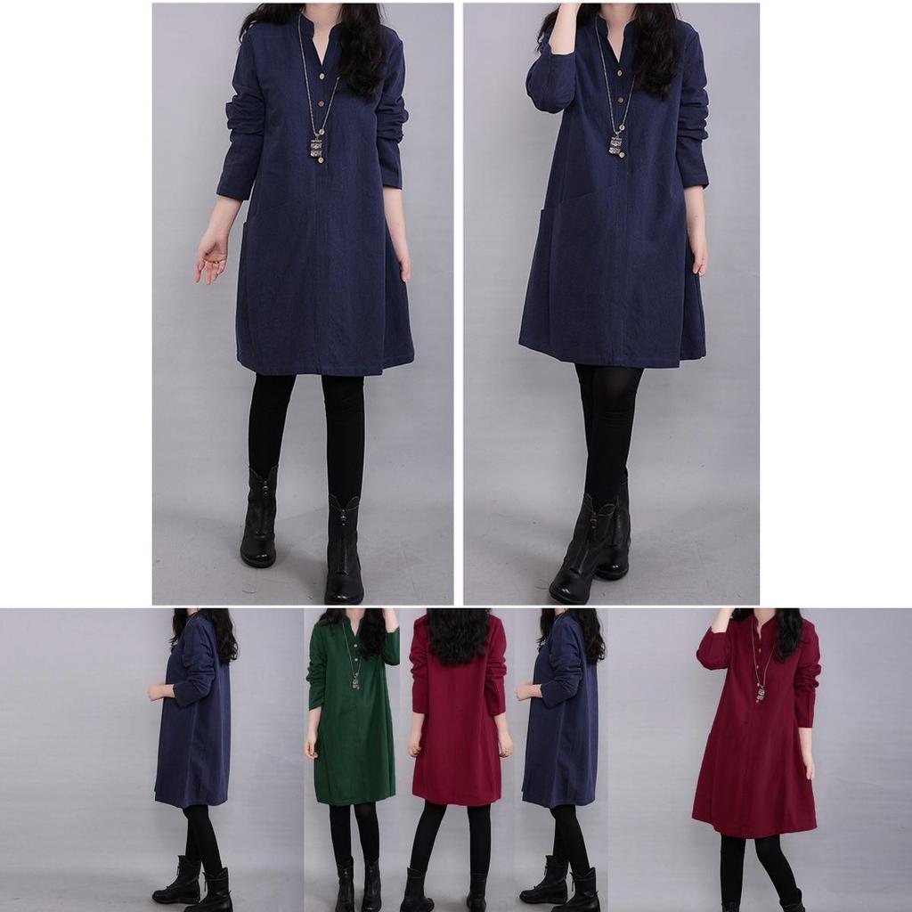 Timeless Vintage Women Long Sleeve Pullover V Neck Tunic Dress For Casual Elegance