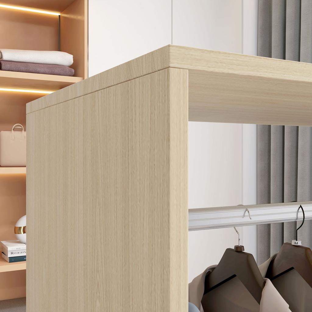 Wardrobe Closet Shelf 2 Compartments Wardrobe 4 Swivel Casters dim. 60L x 40W x 128H cm Natural Wood
