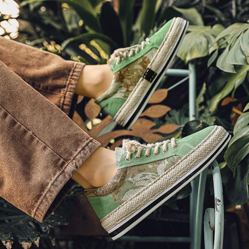 Zapatos Deportivos de Moda para Hombre Lona Plana Patrón Geométrico Cordones Zapatillas Nuevas 2024 Moda Mocasines de Tela de Lino Pescador