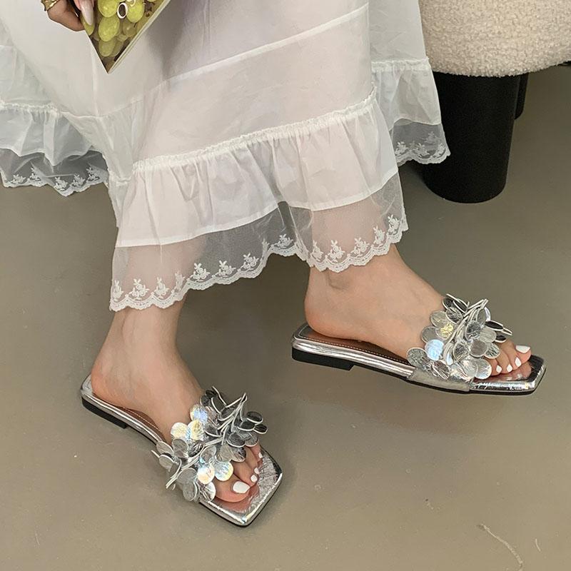 Mode Nyinkommet Sommar Strandtofflor Dam Ballerinaskor Tofflor Sandaler Mode Fyrkantig Tå Dam Ballerinaskor Tofflor Skor Kvinnliga Flipflops