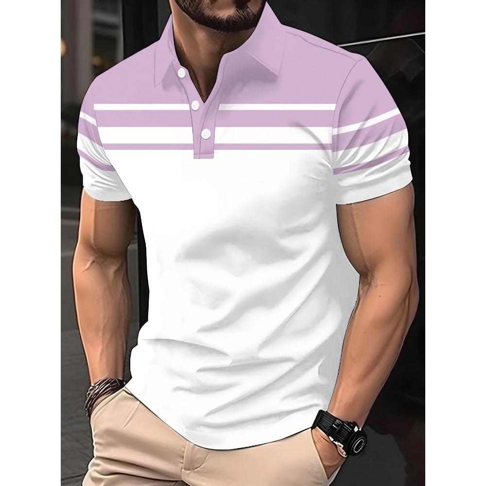 Fashionable men's summer polo shirt with casual lapel button design and custom striped print