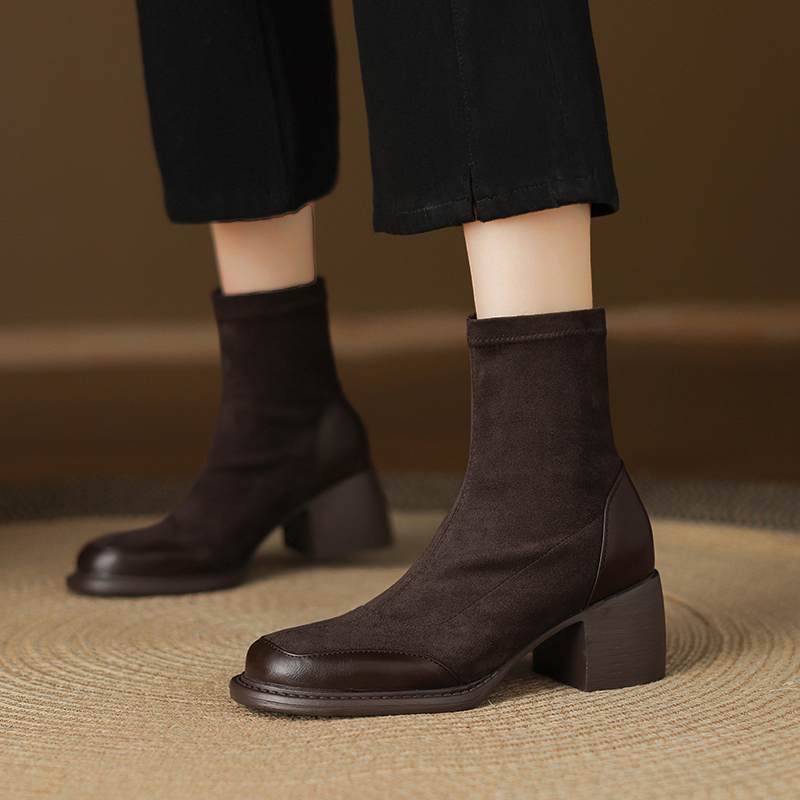 Krazing Po Microfiber Winter Round Toe Size 33 Chelsea Boots Size 43 Zipper Thick High Heels Patch Work Ankle Boots