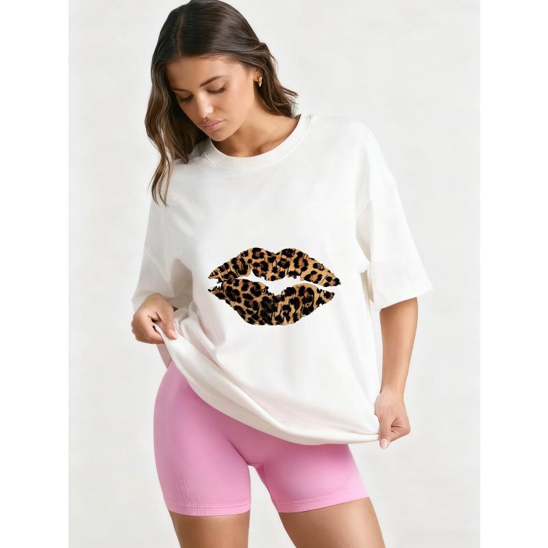 Oversized T Shirt Black Leopard Print Lips Design Casual Wear for Women Summer Fashion Statement Top