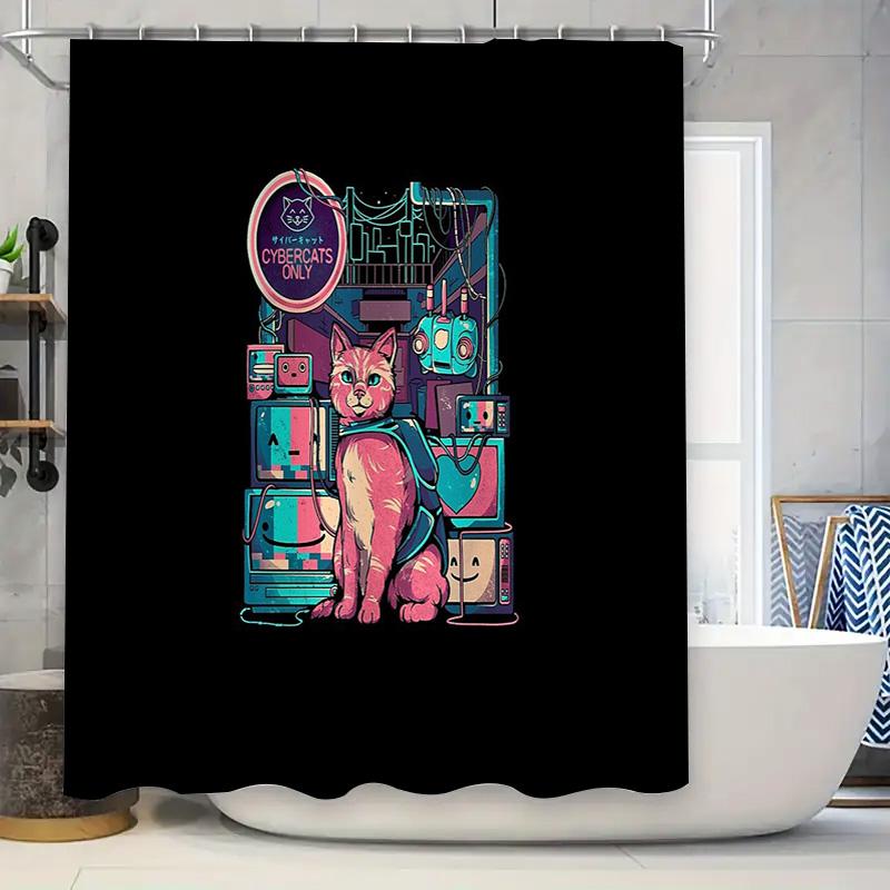 

Cyberpunk Cat Shower Curtain Vintage Futuristic Tech Aesthetic Vaporwave Room Decor Sci Fi Japanese Style Home Decor Gift W60H190(CM)-1 Pcs