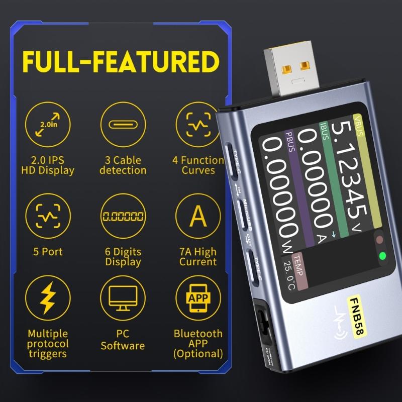 FNB58 USB Voltmeter Amperemeter Schnelllade-Tester Tragbares Stromspannungsmessgerät mit 2,0-Zoll-LCD-Display
