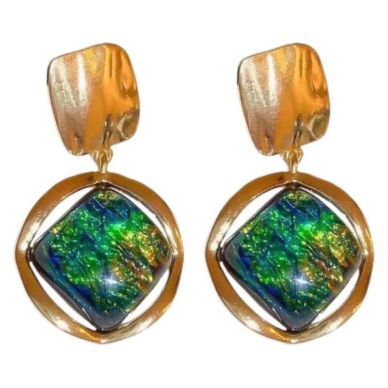 Vintage Green Geometric Rhombus Round Earrings Women Fashion Rhinestone Stud Earrings For Party Wedding Jewelry Accessories
