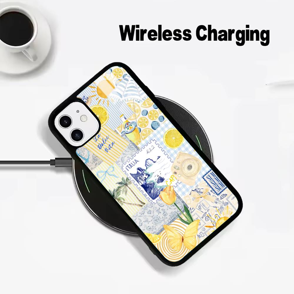 S-Seaside Scenery Wine Lemon Wireless charging phone case compatible with iPhone 17/16/15/14/13/12/11