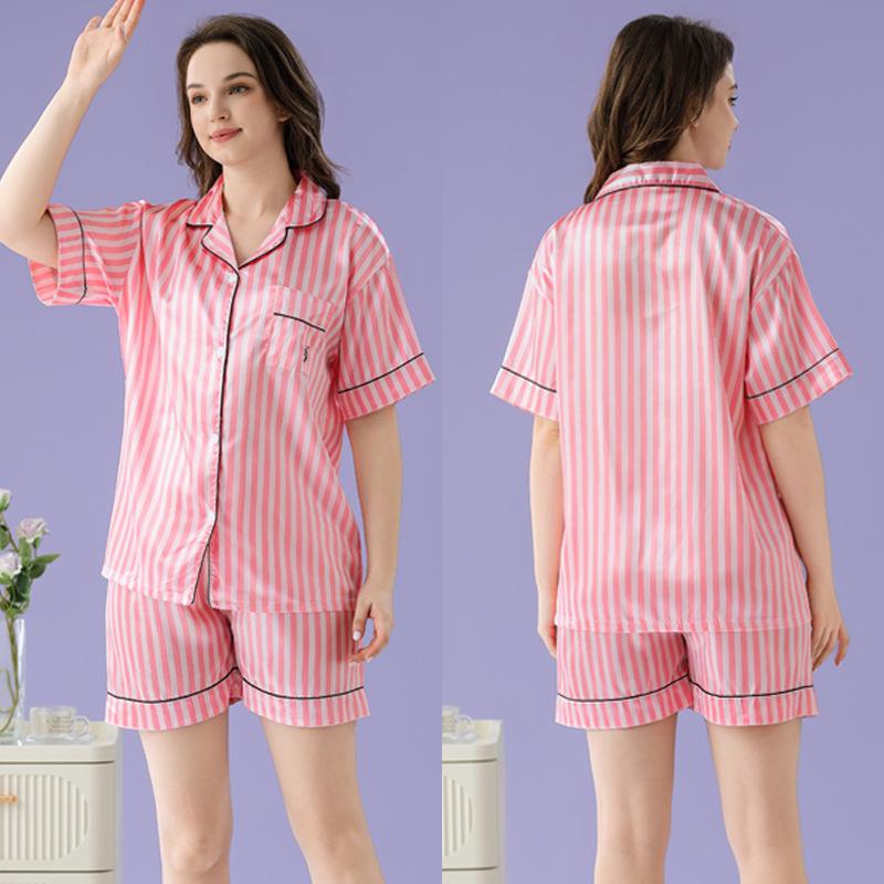 Summer Ice Silk Pajamas Women'S Short-Sleeved Sweet Pink Striped Casual Loose Loungewear Set