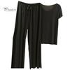 Lady Top Pants Set 2 Pcs/Set Women T-shirt Pleated Wide Leg V Neck Short Sleeves Summer Loose Homewear Pullover Thin Plus Size Trousers Clothing