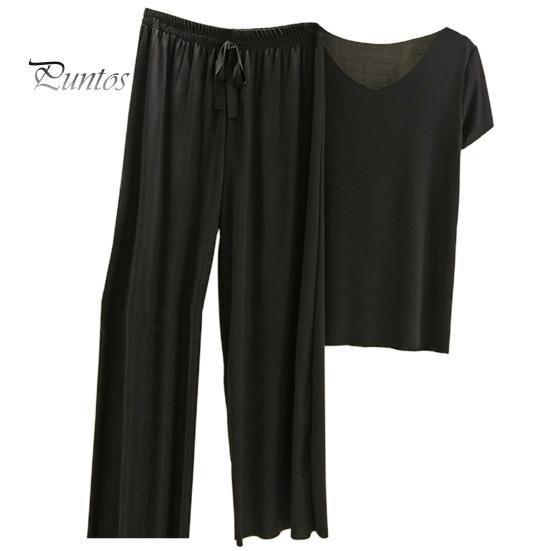 Lady Top Pants Set 2 Pcs/Set Women T-shirt Pleated Wide Leg V Neck Short Sleeves Summer Loose Homewear Pullover Thin Plus Size Trousers Clothing