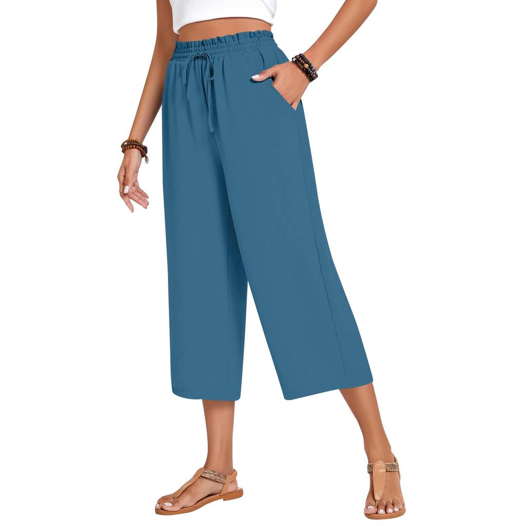 Damen Square Pocket Elastischer Bund Cropped Hose Lässige Baumwoll- und Leinenhose