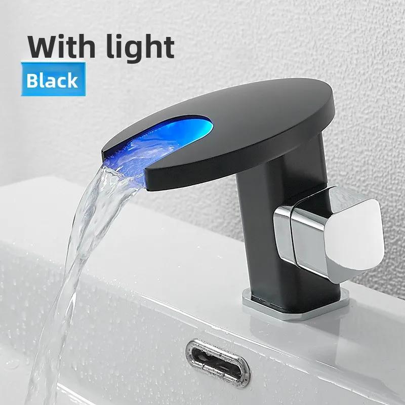 Waterfall Faucet LED Light Intelligent Basin Mixer Tap Color Changing Temperature Sensitive Bathroom Faucets Single Hole чёрный