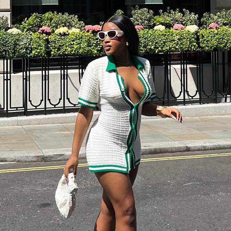 Women's Fashion Casual Knit Rib Dress Short Sleeve Hip Button Waist Skirt